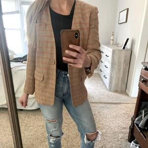 Vintage Anne Klein Cream/Rust Plaid Blazer Wool/Silk Blend Size 2 Petite